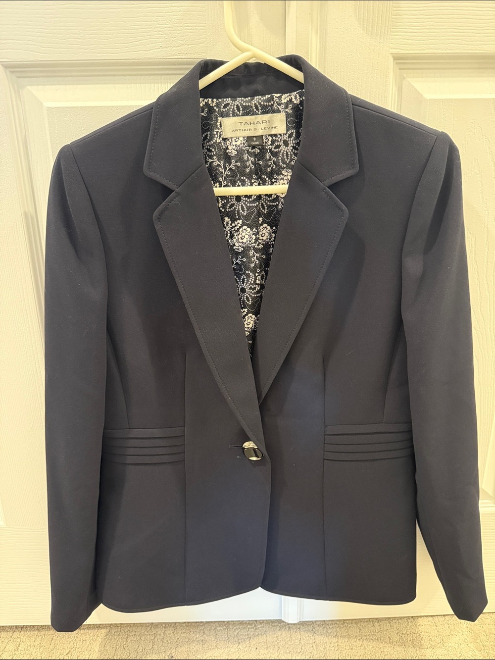 Tahari Navy Single-Button Dress Blazer with Patterned Lining